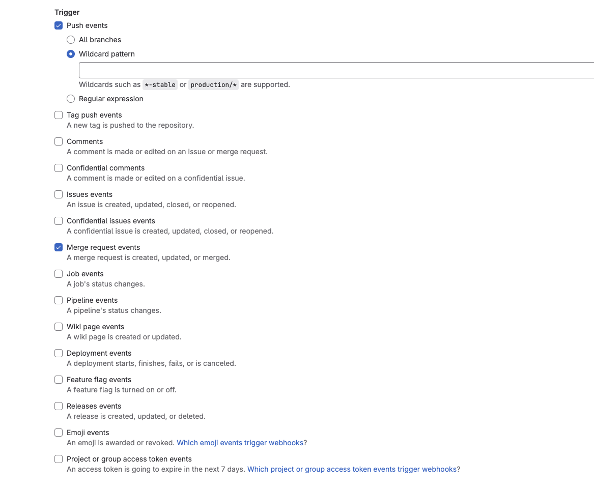 Example of the Push events option enabled in the GitLab settings Example of the Push events option enabled in the GitLab settings